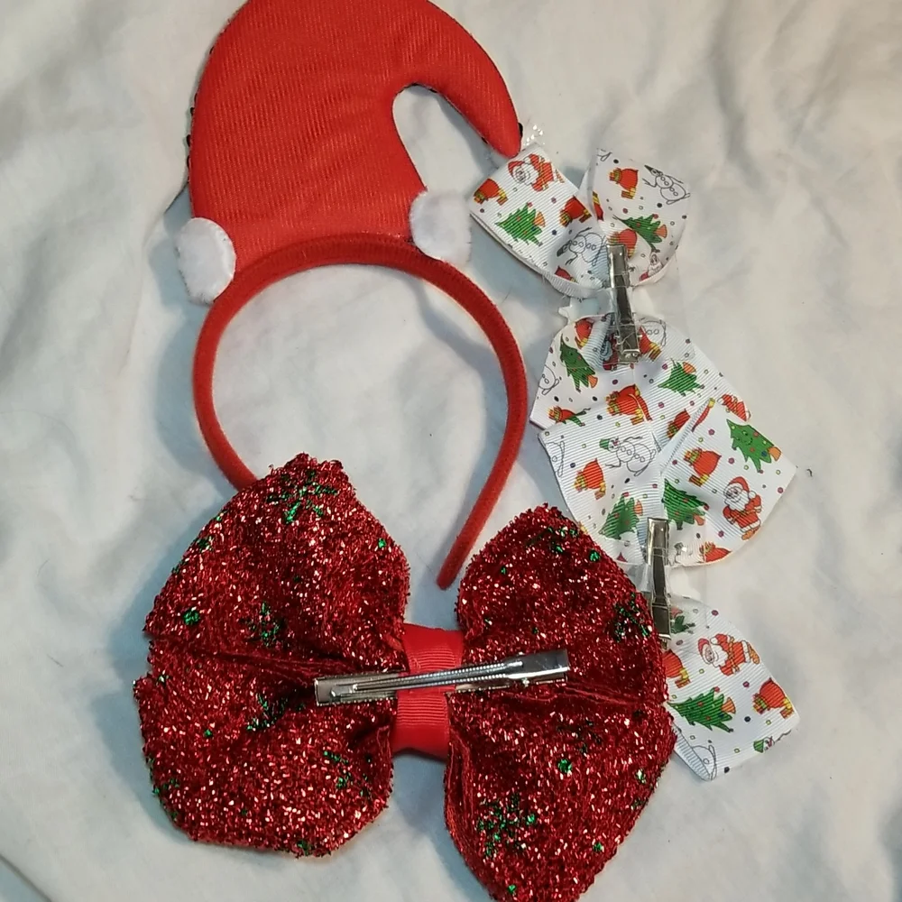 HOLIDAY HAIR BLING FASCINATOR SANTA HAT GLITTER BOW SET OF CHRISTMAS TREE RIBBON